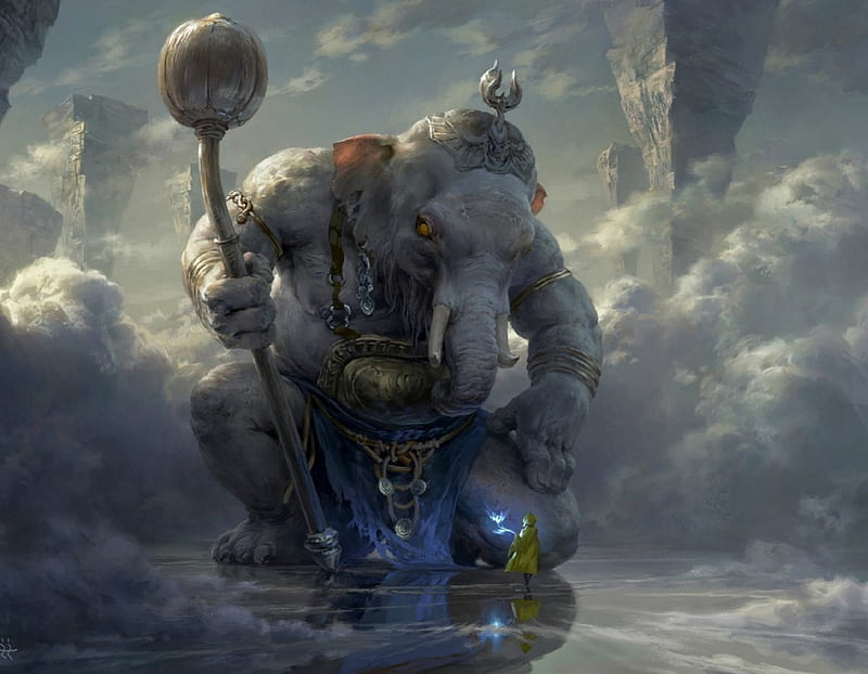 Elephant God, art, fantasy, cloud, luminos, elephant, gris, man, god, HD wallpaper