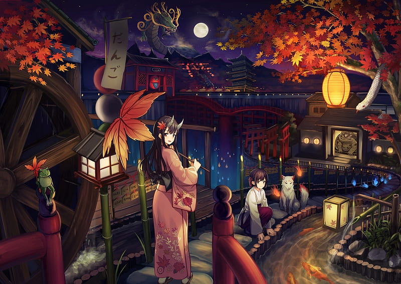 Youkai Shrine, art, traditional, japanese, oni, youkai, japan, fantasy, girls, orginal, scenery, friends, HD wallpaper