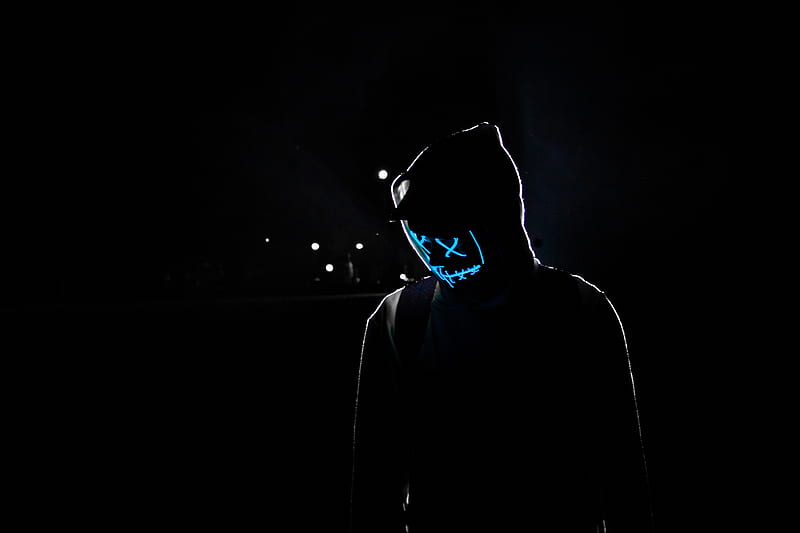 hoodie, creepy neon mask, dark, HD wallpaper