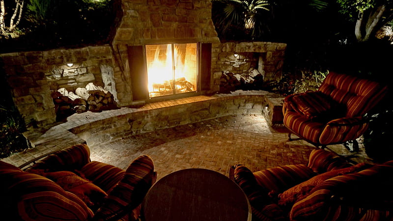 Outdoor Fireplace at Night, Fireplace, Patio furniture, Patio, Outdoor, Night, HD wallpaper