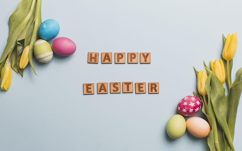 Happy Easter, wooden letters, spring, tulips, decorated eggs, Easter, HD wallpaper