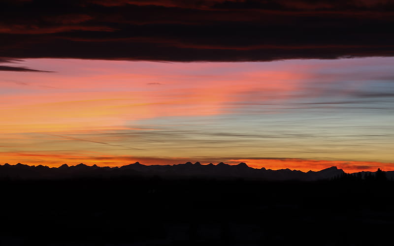 mountains, sunset, dusk, sky, dark, HD wallpaper