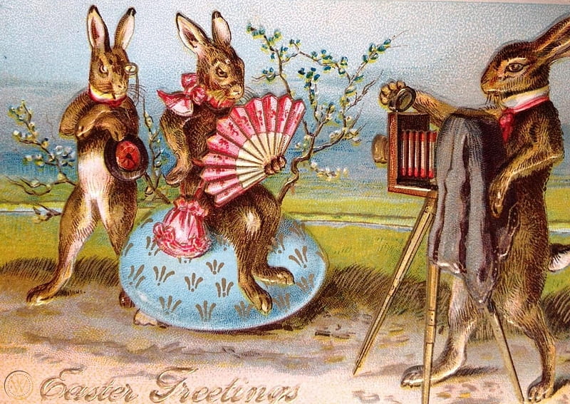 Happy Easter!, bunny, easter, pink, hand fan, vintage, card, brown, egg, evantai, blue, HD wallpaper