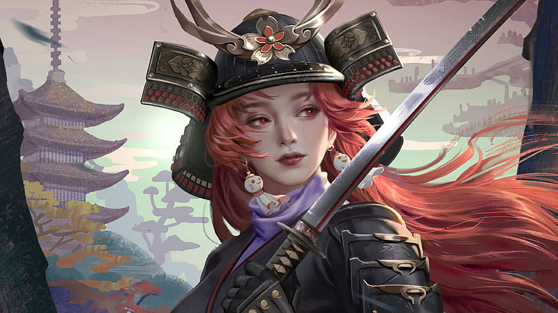 realistic anime girl, katana, warrior, pagoda, samurai, red hair, Anime, HD wallpaper