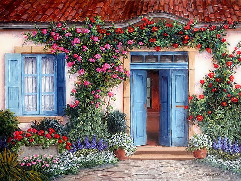 Flower, Plant, House, Window, Painting, Spring, Artistic, Door, Cottage, HD wallpaper