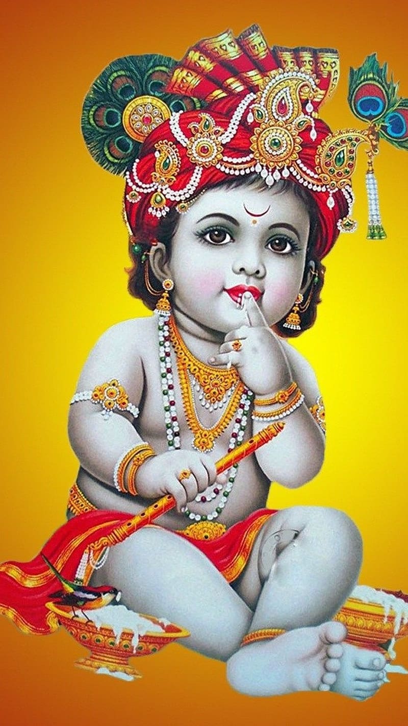 Baby Krishna , orange bg krishna, orange bg, krishna, lord, god, HD phone wallpaper