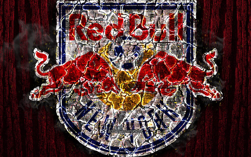 New York Red Bulls FC, scorched logo, MLS, purple wooden background, Eastern Conference, american football club, grunge, Major League Soccer, football, soccer, New York Red Bulls logo, fire texture, USA, HD wallpaper