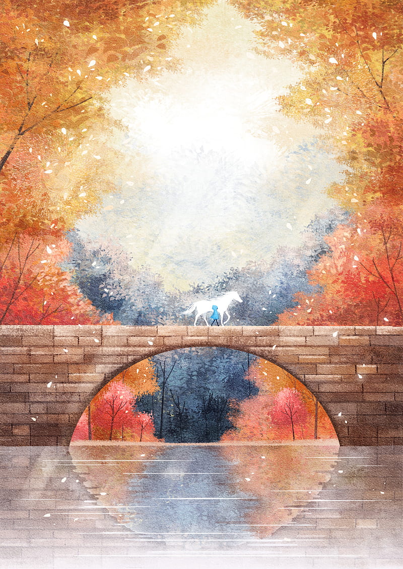 silhouette, horse, bridge, autumn, art, HD phone wallpaper