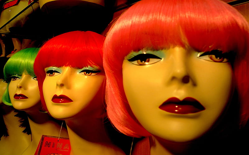 Wigged Out, ladies, faces, wig, hair piece, mannequin, women, HD wallpaper