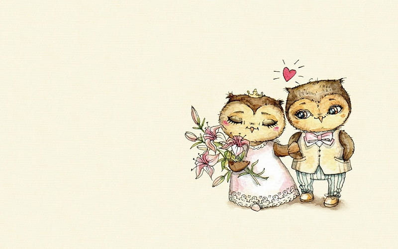 Just married, owl, married, bride, inga paltser, illustration, card, cute, bird, love, child, couple, HD wallpaper