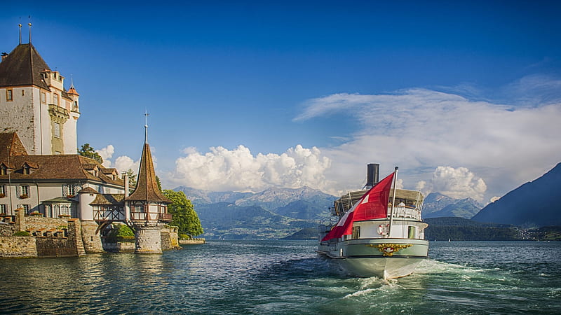 Oberhofen Castle, Lake Thun, Switzerland, mountains, alps, ship, clouds, building, sky, water, HD wallpaper