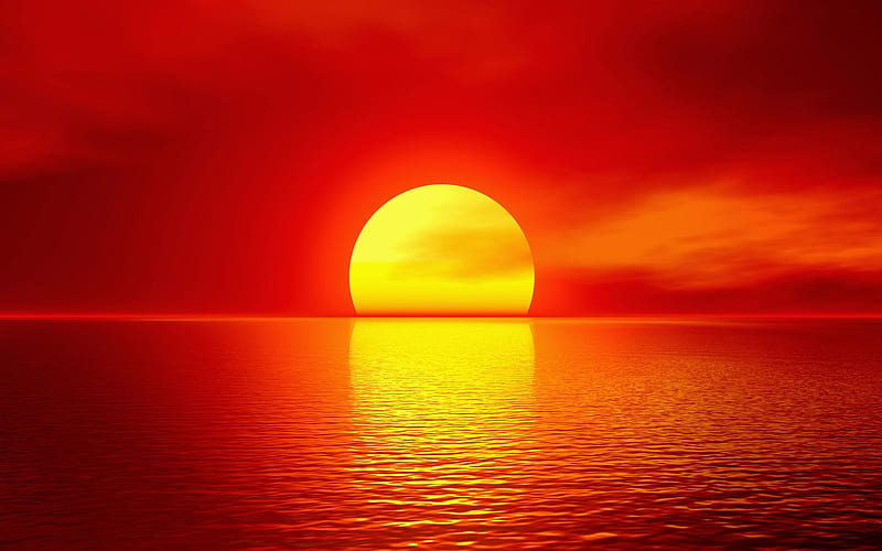 Red sunset, Water, Ripples, Clouds, Sun, HD wallpaper