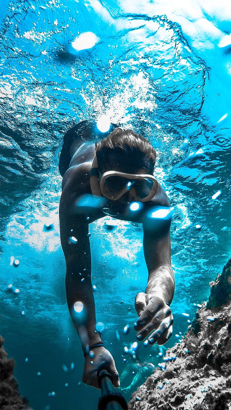Diving, bubbles, dive, girl, sea, under ocean, water, HD phone wallpaper