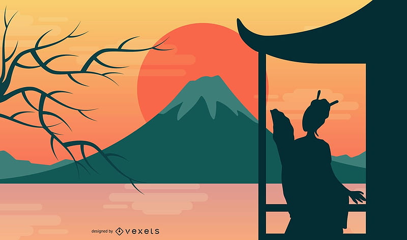 Sunset, orange, mountain, silhouette, japanese, vexels, geisha, lake, hand fan, vector, evantai, water, HD wallpaper