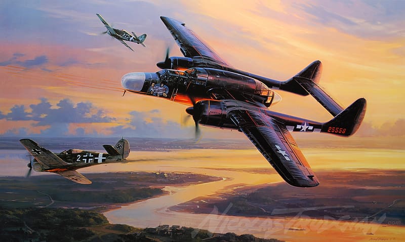 Northrop P-61 Black Widow, art, P61, interception, fighter jet, black widow, world war II, painting, aircraft, pictura, airplane, us, second war, fighter, force army, northrop, sunset, p 61, orange, HD wallpaper