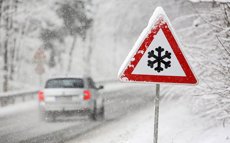snow-covered roads concepts, snowfall, warning sign, winter, road, HD wallpaper