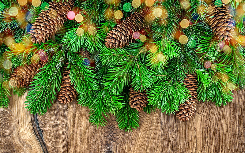Merry Christmas, christmas tree, bumps, Happy New Year, fir-tree, christmas, xmas, wooden background, HD wallpaper