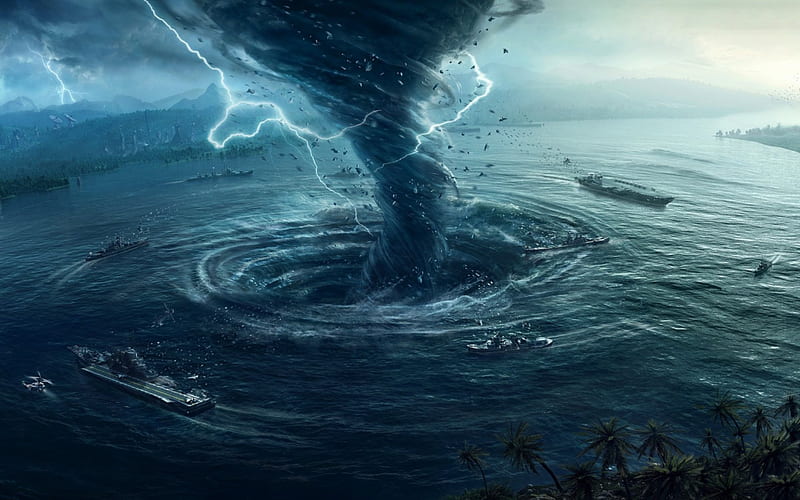 Tornado, ships, ocean, ography, sea, fantasy, water, manipulation, calamity, blue, HD wallpaper
