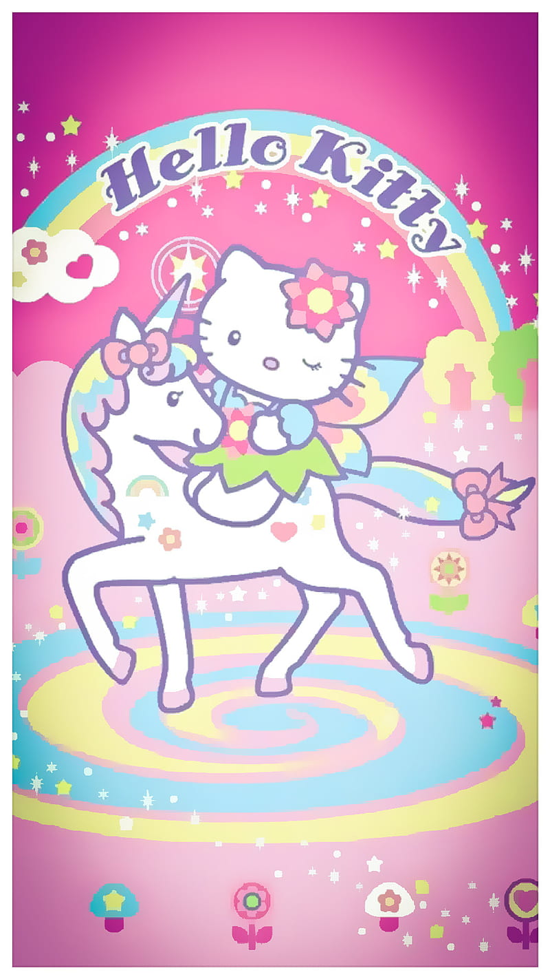 Hello Kitty Unicorn, cartoon, colorful, cute, fantasy, hello kitty, iphone, pink, rainbow, HD phone wallpaper