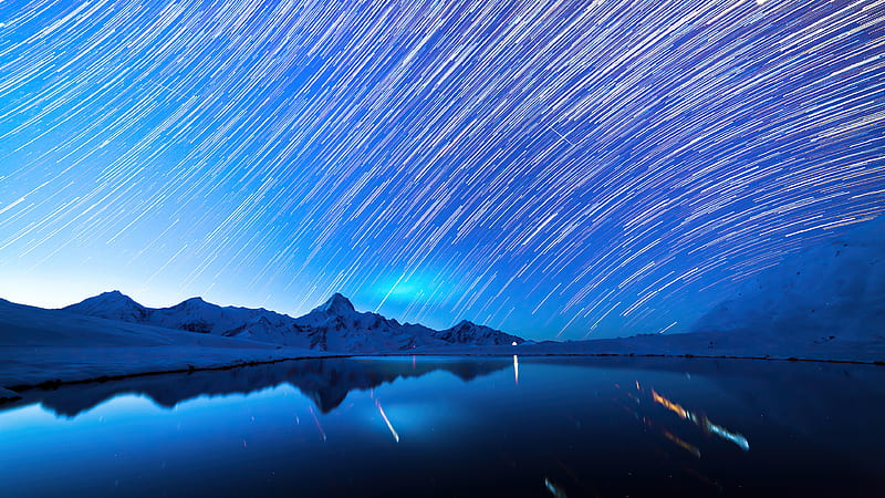 Star Trails Snow Mountains , trails, stars, long-exposure, mountains, snow, nature, lake, HD wallpaper