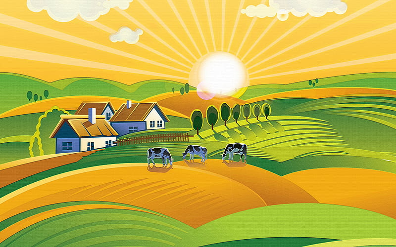rural landscape, art, evening, sunset, cows, painted landscape, village, HD wallpaper