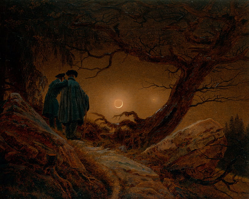 Two Men Contemplating the Moon, art, moon, luminos, man, moon, caspar david friedrich, painting, pictura, couple, night, HD wallpaper