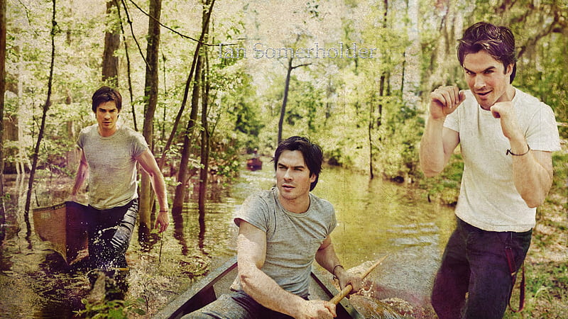 Ian Somerhalder, the vampire diaries, man, collage, damon, boat, water, summer, tv series, actor, HD wallpaper Ian Somerhalder, the vampire diaries, man, collage, damon, boat, water, summer, tv series, actor, HD wallpaper