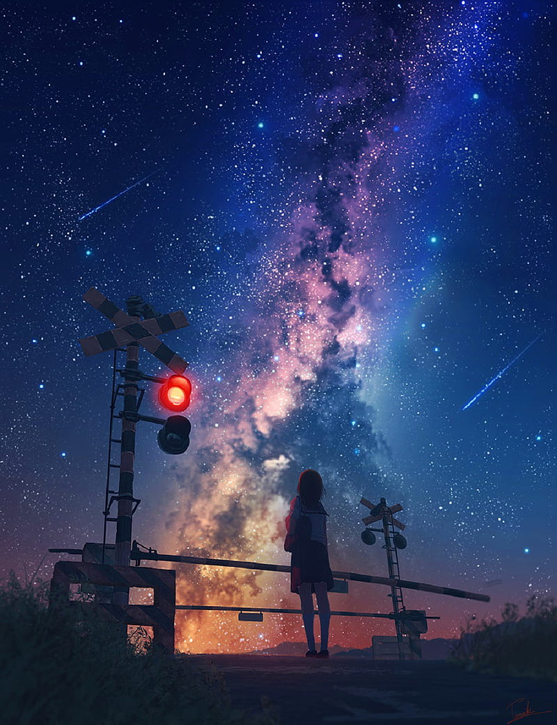 anime, galaxy, stars, shooting stars, railway crossing, HD mobile wallpaper