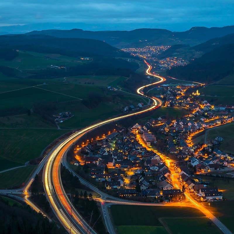 village, road, aerial view, night, mountains, switzerland, HD phone wallpaper