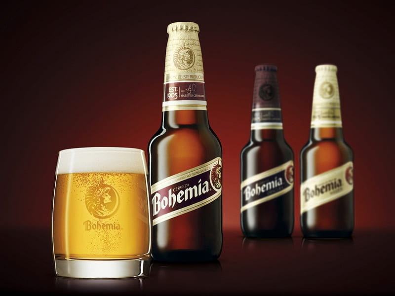 Bohemia Beer, glass, alcohol, drink, beer, bottles, HD wallpaper