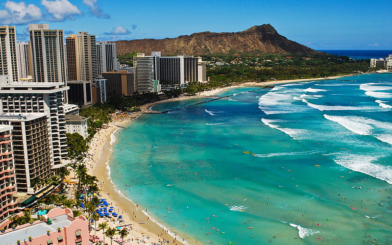 Honolulu, Hawaii, coast, ocean, beach, resort, summer, USA, HD wallpaper