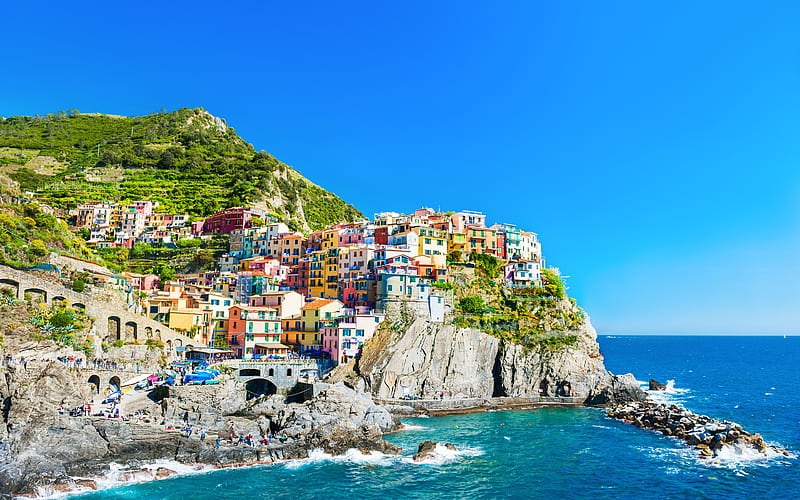 Manarola summer, sea, Riviera di Levante, Cinque Terre, Liguria, Italy, HD wallpaper