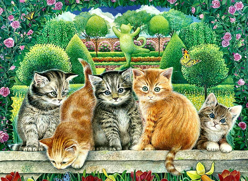 Topiary Cats F1Cmp, art, topiary, kittens, cat, artwork, animal, pet, feline, painting, wide screen, HD wallpaper