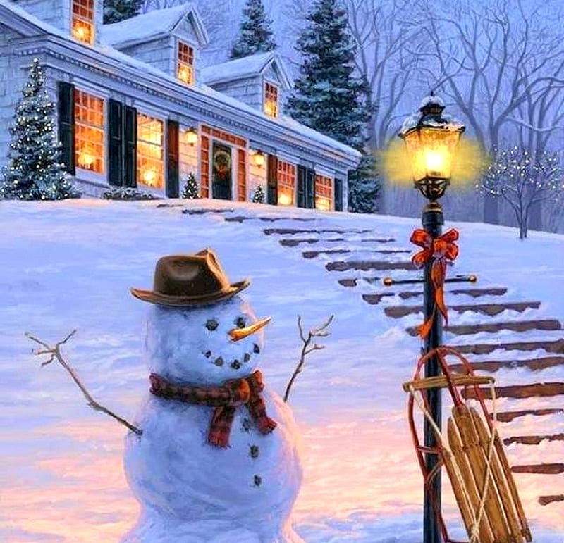 WINTER WELCOME, sleigh, Christmas, holidays, houses, love four seasons, attractions in dreams, lamppost, snowman, xmas and new year, winter, paintings, snow, winter holidays, HD wallpaper