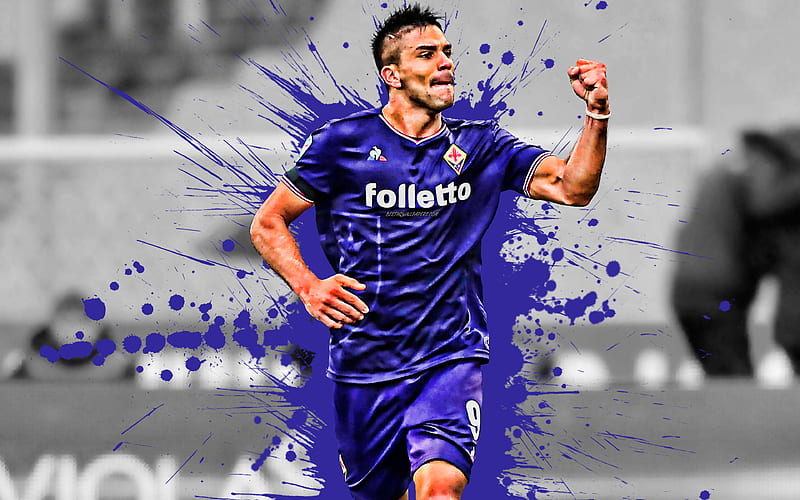 Giovanni Simeone Argentinian football player, ACF Fiorentina, striker, purple paint splashes, creative art, Serie A, Italy, football, grunge, Fiorentina, HD wallpaper