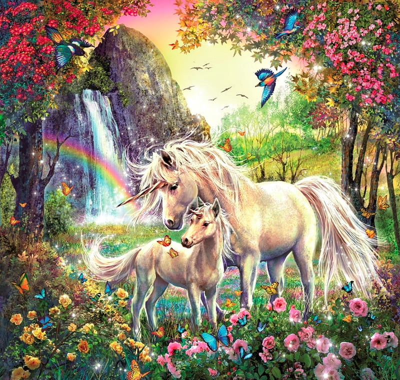 Unicorns, luminos, unicorn, rainbow, horse, mother, baby, cute, fantasy, summer, flower, pink, HD wallpaper