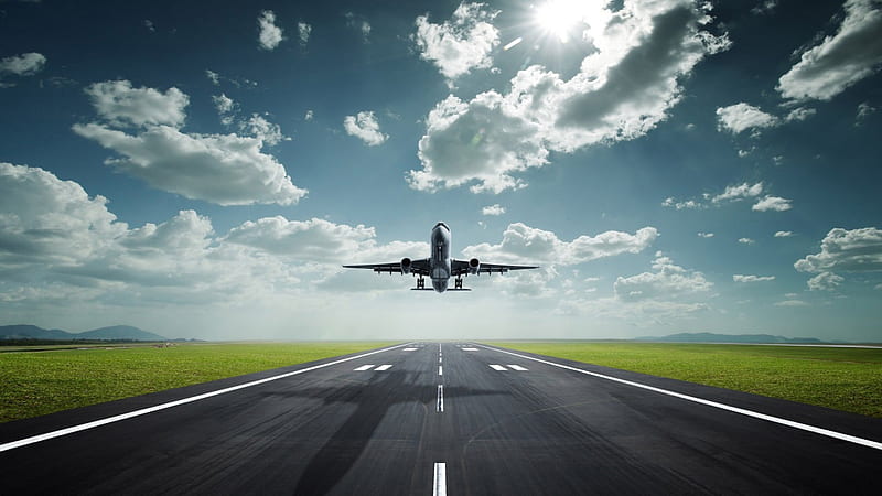 take off, black, sky, clouds, silver, runway, aircraft, plane, road, white, blue, HD wallpaper