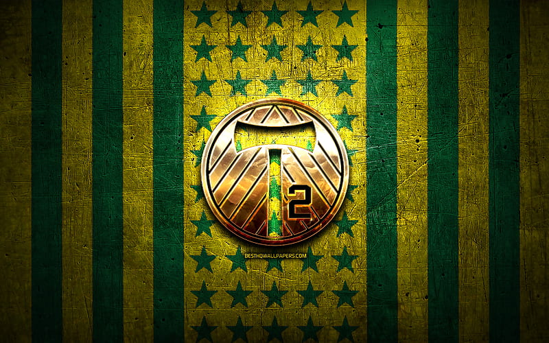 Portland Timbers 2 flag, USL, green yellow metal background, american soccer club, Portland Timbers 2 logo, USA, soccer, Portland Timbers 2 FC, golden logo, HD wallpaper