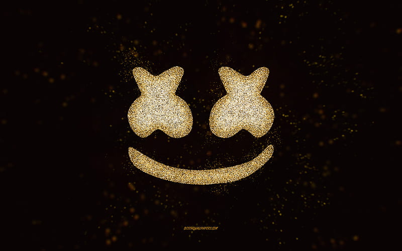 Marshmello glitter logo, black background, Marshmello logo, gold glitter art, Marshmello, creative art, Marshmello gold glitter logo, HD wallpaper