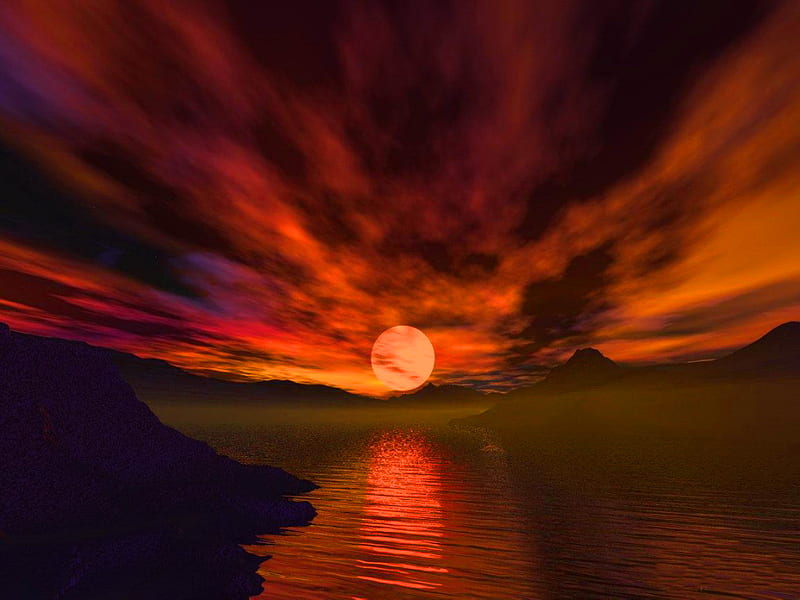 Dark red sunset, red, ocean, sunset, sky, clouds, lake, sea, water ...