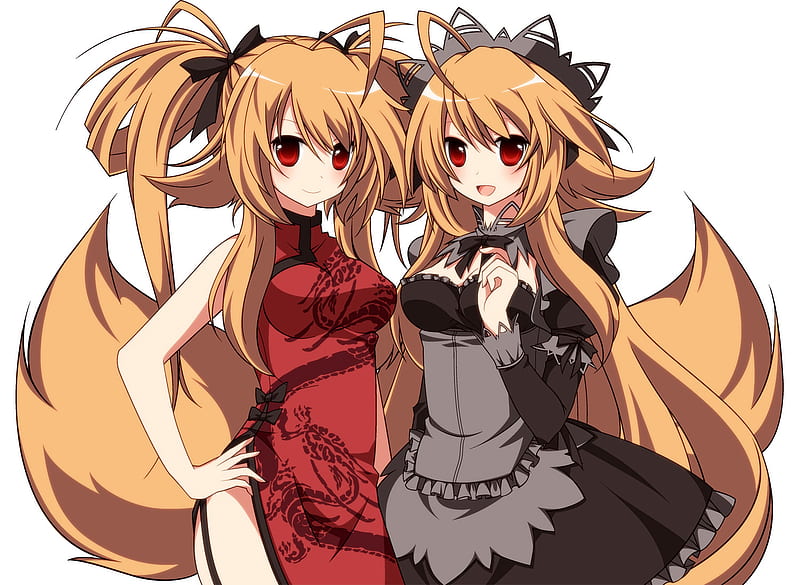 Two Cute Fox Girls, kimono, fox, girl, anime, HD wallpaper