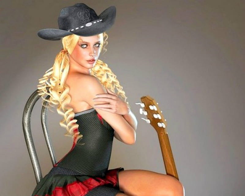 ~Cowgirl~, guitar, cowgirl, blonde, chair, hat, HD wallpaper