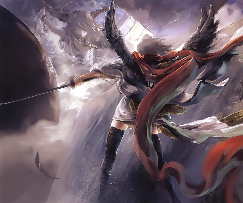 touhou, shot haur, warrior, angel, weapon, black hair, HD wallpaper touhou, shot haur, warrior, angel, weapon, black hair, HD wallpaper