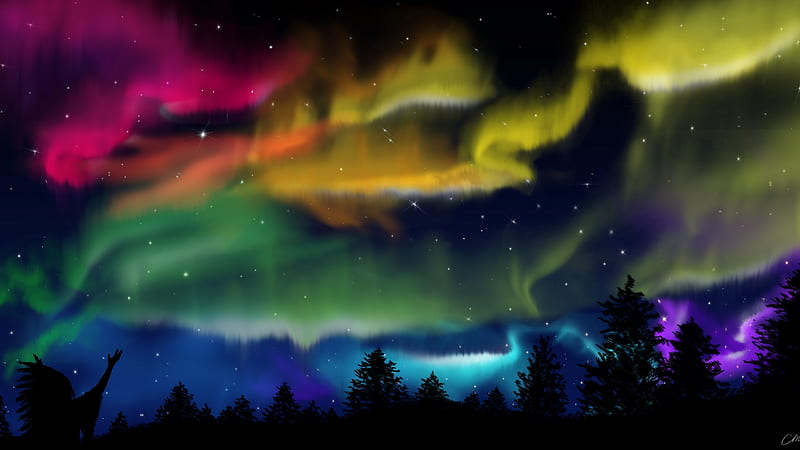 Northern lights, aurora, martyna lubas, colorful, yellow, northern light, pink, blue, HD wallpaper
