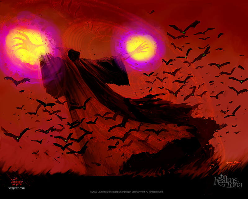 Mage Attacked by Vampire Bats, realms of loria, bats, power, magic, vampire, mage, HD wallpaper