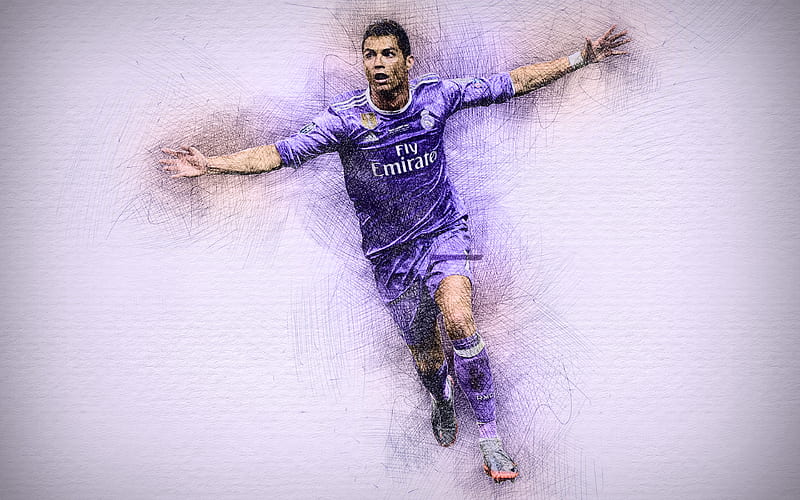 Cristiano Ronaldo, violet uniform, artwork, football stars, Real Madrid, CR7, soccer, joy, La Liga, Ronaldo, footballers, creative, drawing Ronaldo, FC Real Madrid, HD wallpaper