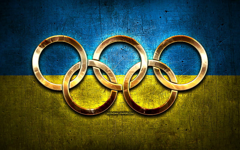Ukrainian olympic team, golden olympic rings, Ukraine at the Olympics, creative, Ukrainian flag, metal background, Ukraine Olympic Team, flag of Ukraine, HD wallpaper