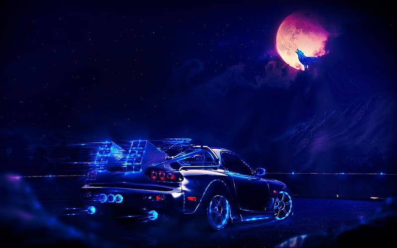 TONY...OUR HOWLING NIGHT RIDER:), moon, car, science fiction, wolf, road, howling, HD wallpaper