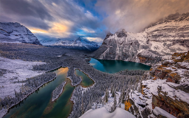 Lake OHara, winter, mountains, forest, blue glacial lakes, snow, Yoho National Park, British Columbia, Canadian Rockies, Canada, HD wallpaper