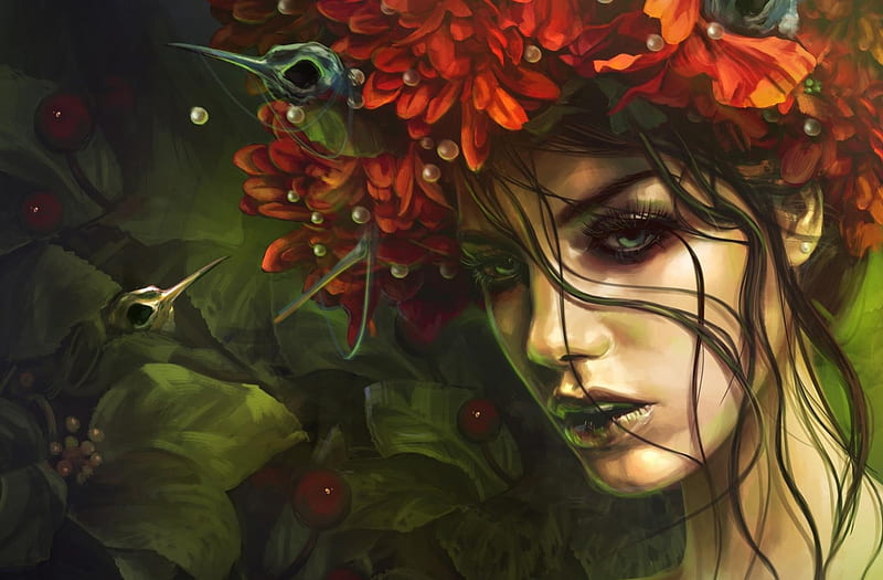 Humblebee, red, fantasy woman, bonito, woman, leafs, garland, fantasy, green, flowers, beauty, long hair, art, female, lovely, beauitful, brown hair, abstract, lady, HD wallpaper